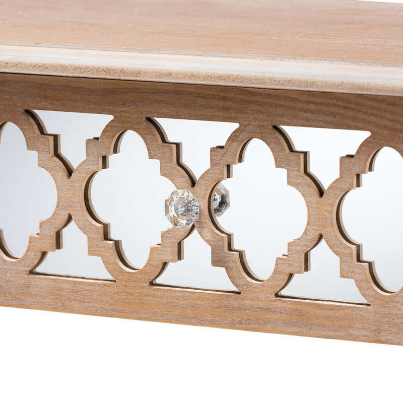 Celia Console Table - Rustic French Country Design with White-Washed Wood and Mirror, 2 Drawers and Quatrefoil Accents