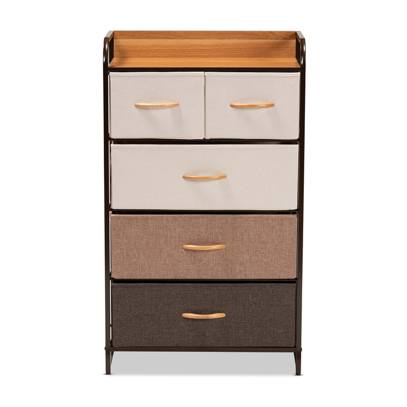 Volkan Modern 5-Drawer Storage Cabinet Multi-Colored Fabric Upholstered with Black Metal Frame for Stylish Home Organization