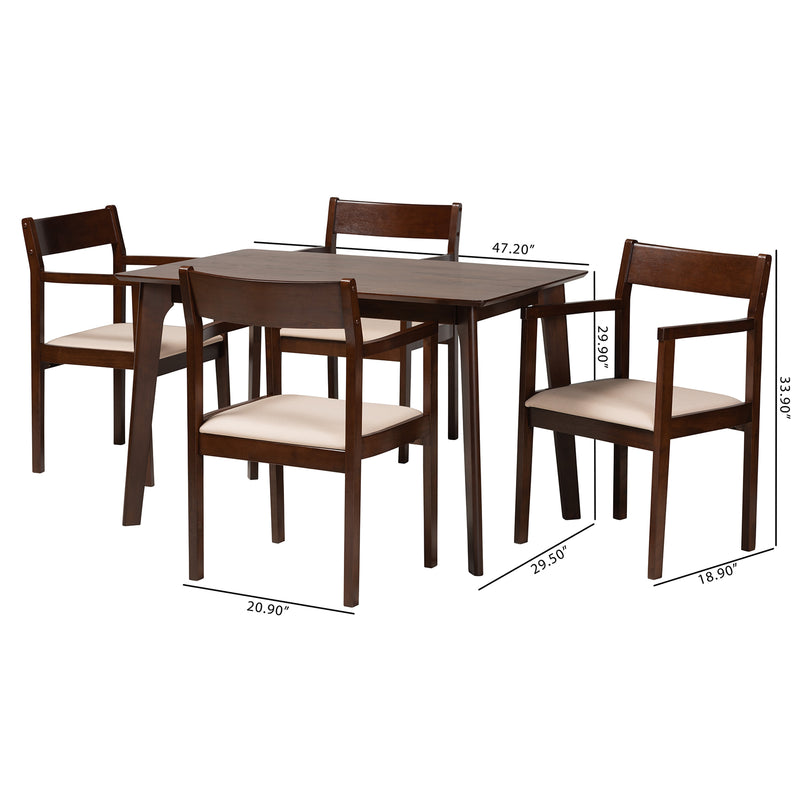 Helene Dining Set Mid-Century Modern 5-Piece Cream Fabric and Dark Brown Wood Furniture for Stylish Dining Rooms