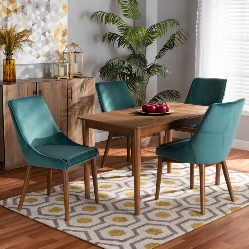 Gilmore Dining Set Modern Contemporary Grey Velvet Fabric Upholstered Walnut Brown Finished Wood 5-Piece