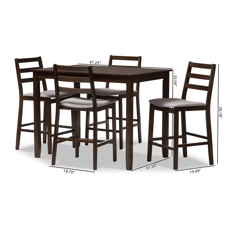 Nadine Pub Set Modern 5-Piece Dining Set with Walnut Finish and Light Grey Fabric Upholstery