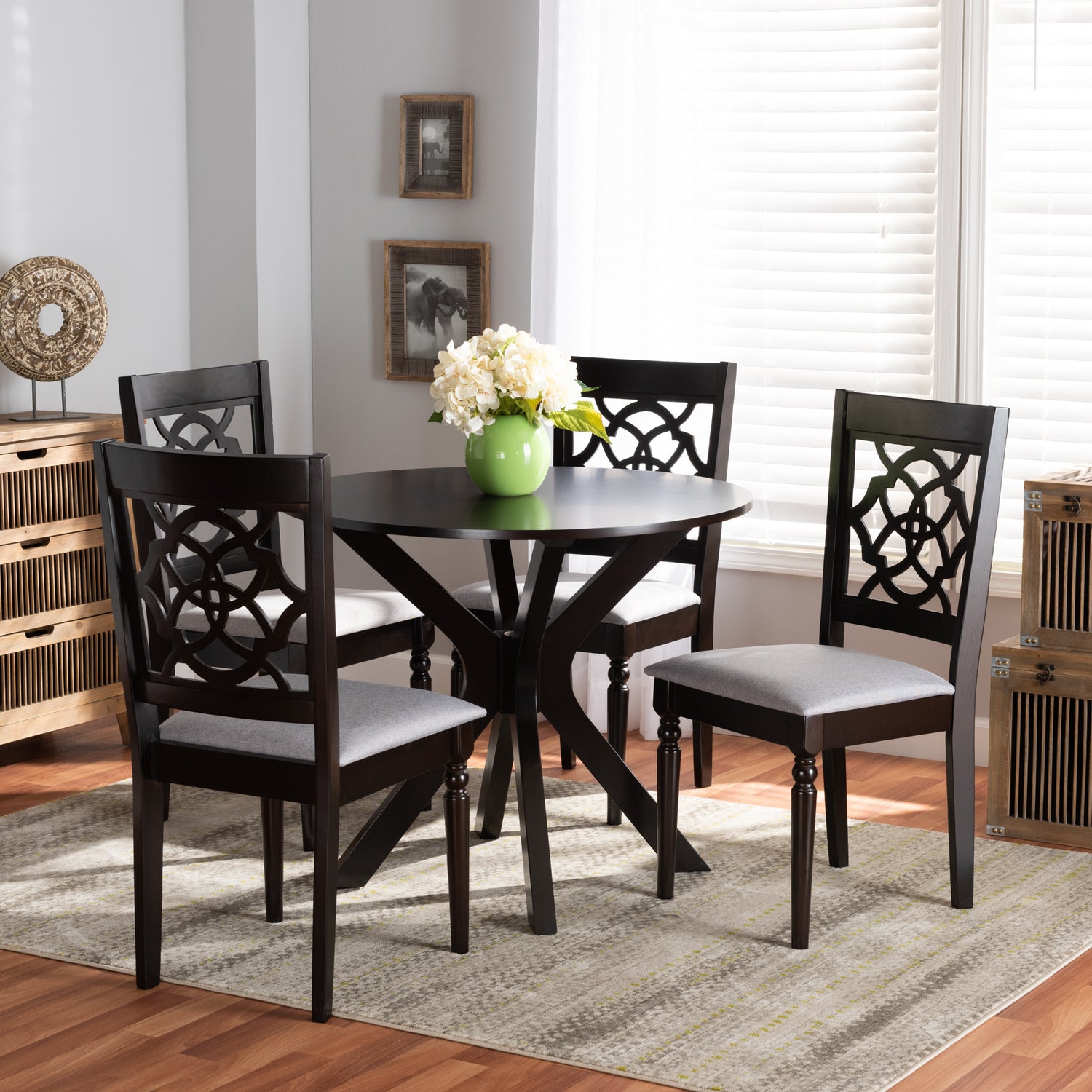 Sadie Dining Set Modern Contemporary Grey Fabric Upholstered Dark Brown Finished Wood 5-Piece