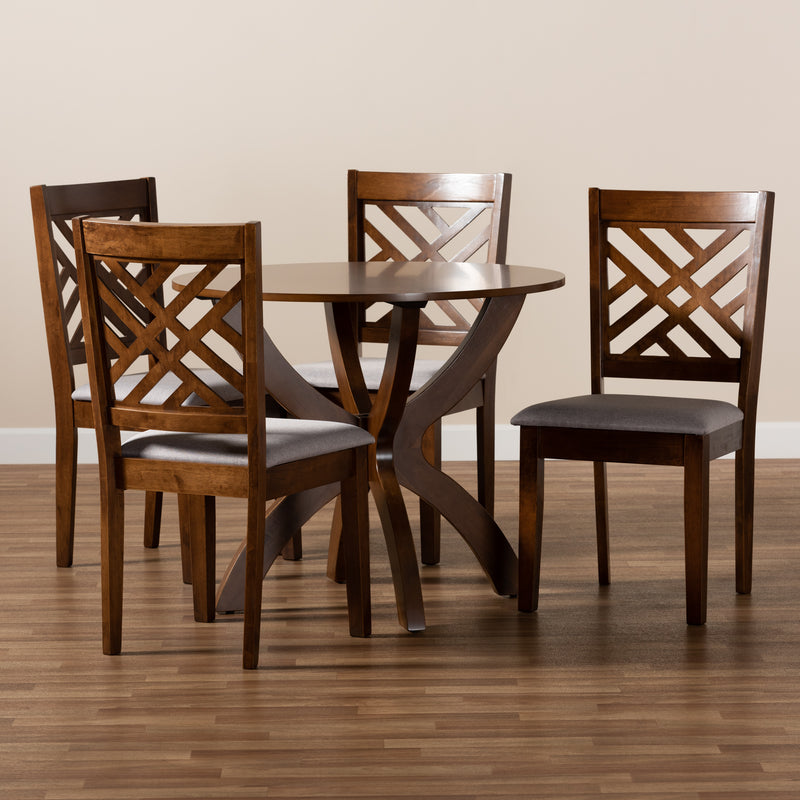 Edona 5-Piece Dining Set Modern Grey Fabric Upholstered Chairs with Walnut Brown Finished Wood Table