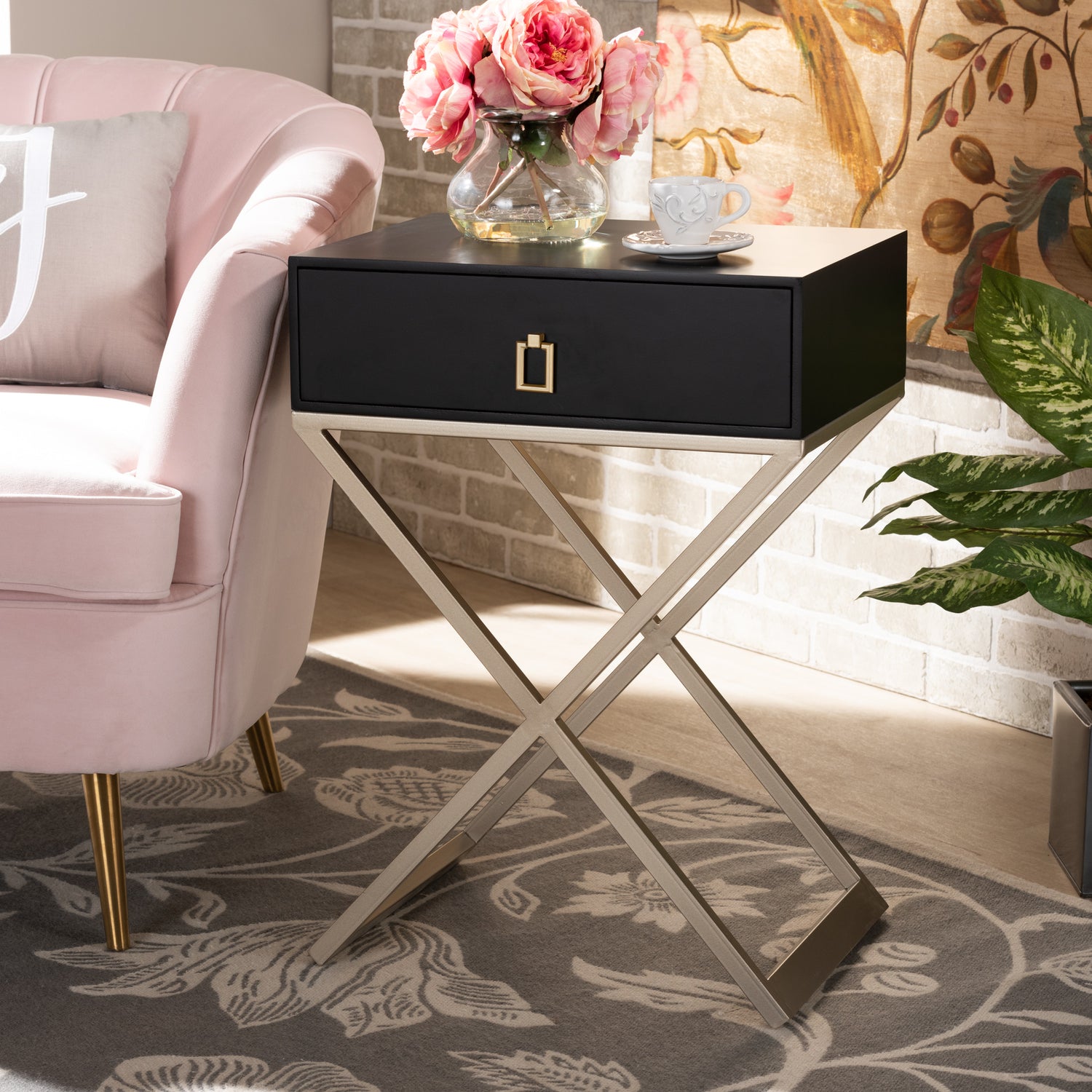 Patricia End Table Modern Contemporary Design Black Finished Wood Powder Coated Brass Effect Metal with 1 Drawer for Storage