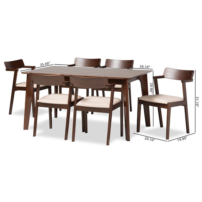 Berenice 7-Piece Dining Set: Mid-Century Modern Design with Cream Upholstery and Dark Brown Finished Wood