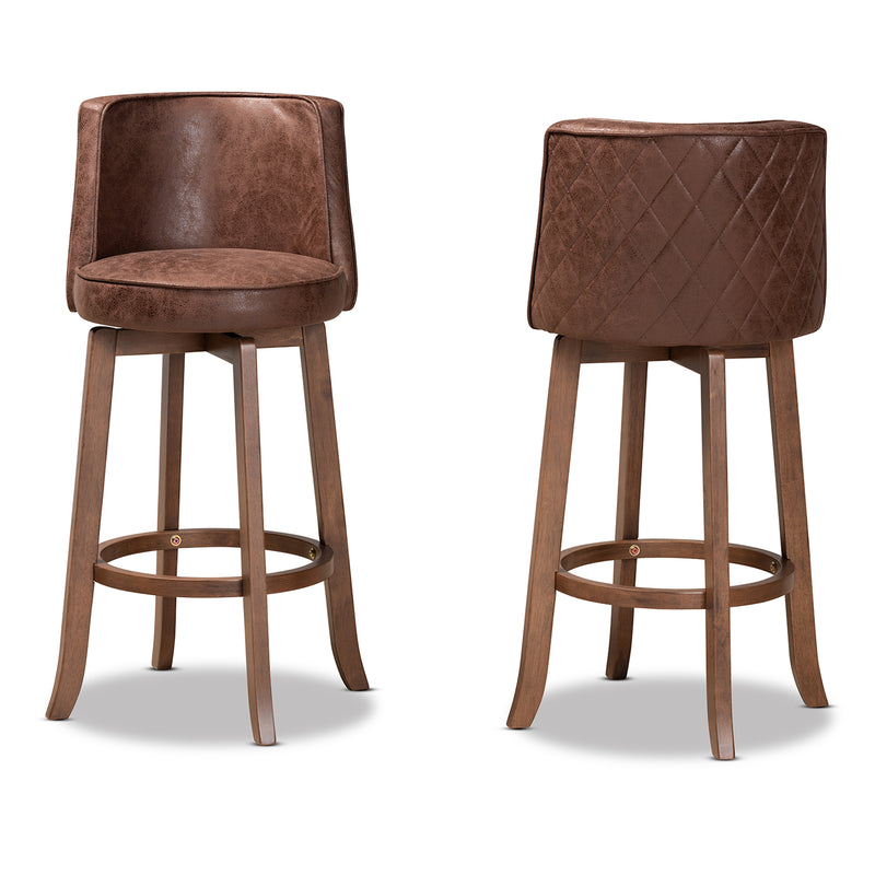 Adams Bar Stool Set Modern Transitional Distressed Brown Fabric Upholstered and Walnut Brown Finished Wood 2-Piece