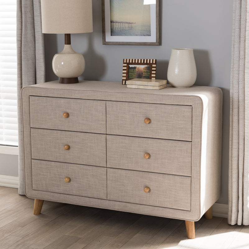 Jonesy Dresser - Mid-Century Beige Linen Upholstered 6-Drawer