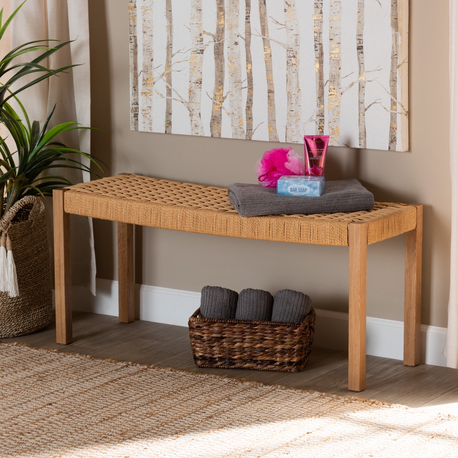 Pacari Accent Bench Rustic Transitional Design in Oak Brown Wood with Hemp Upholstery for Stylish Home Decor