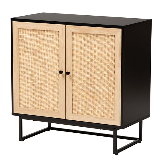 Declan Storage Cabinet Mid-Century Modern Espresso Brown Wood and Natural Rattan 2-Door Storage Solution for Stylish Home Organization