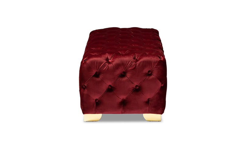 Avara Bench Ottoman Burgundy Velvet Fabric Upholstered Gold Finished Button Tufted