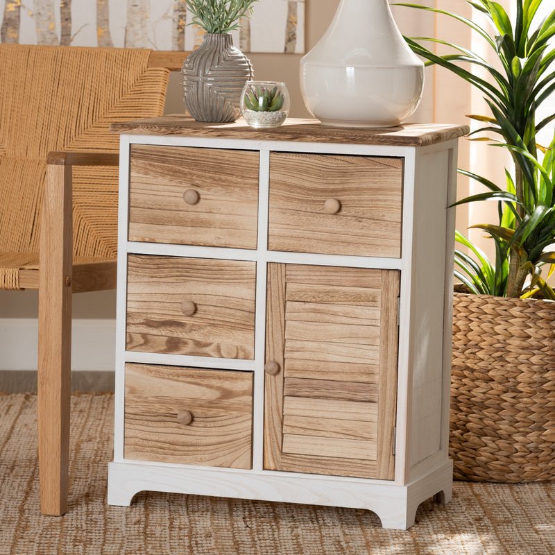 Gella Storage Unit Rustic Two-Tone Wood Design with 4 Drawers in White and Oak Brown Finish for Stylish Organization