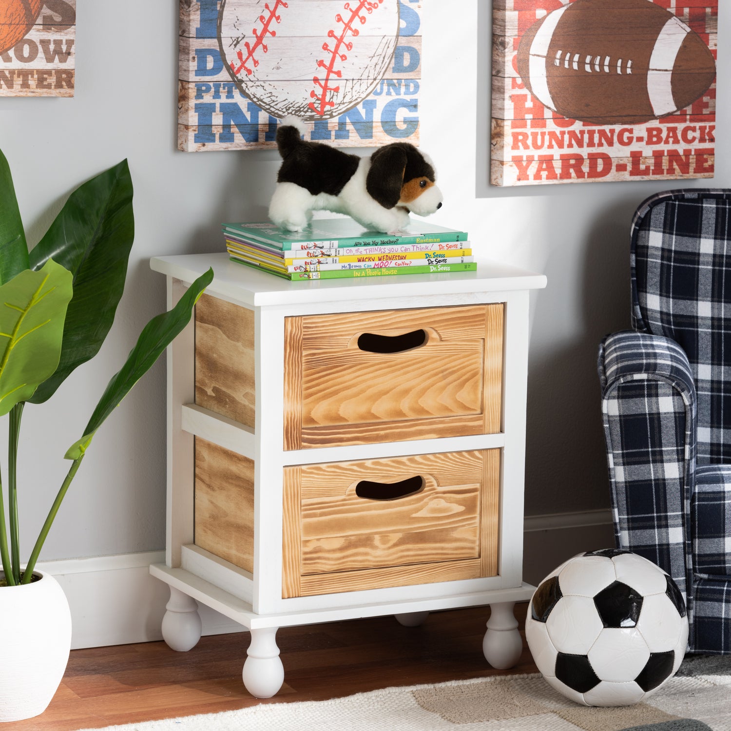 Suvan End Table Modern Two-Tone Design in White and Oak Brown Finish with 2 Drawers for Stylish Storage