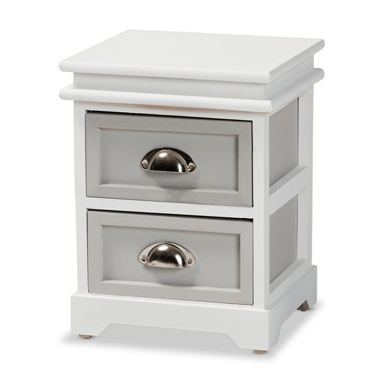 Cachet Modern Two-Tone Grey and White Wood End Table with 2 Drawers for Stylish Living Room Storage