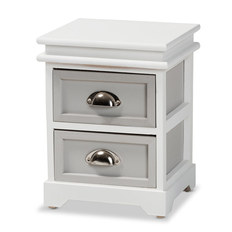 Cachet Modern Two-Tone Grey and White Wood End Table with 2 Drawers for Stylish Living Room Storage