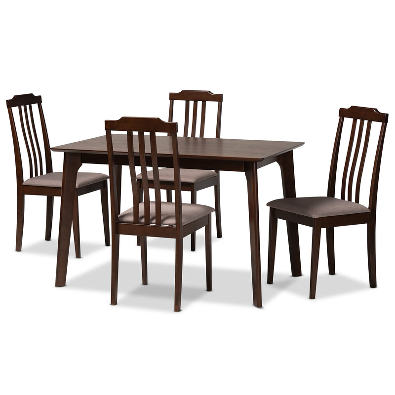 Clarissa Dining Set Mid-Century Modern 5-Piece Collection in Warm Grey Fabric and Dark Brown Wood Finish