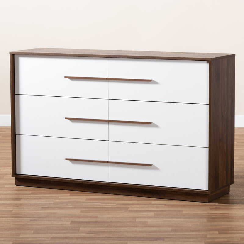 Mette Mid-Century Modern 6-Drawer Wood Dresser in White and Walnut Finish - Stylish Storage for Bedroom or Living Room