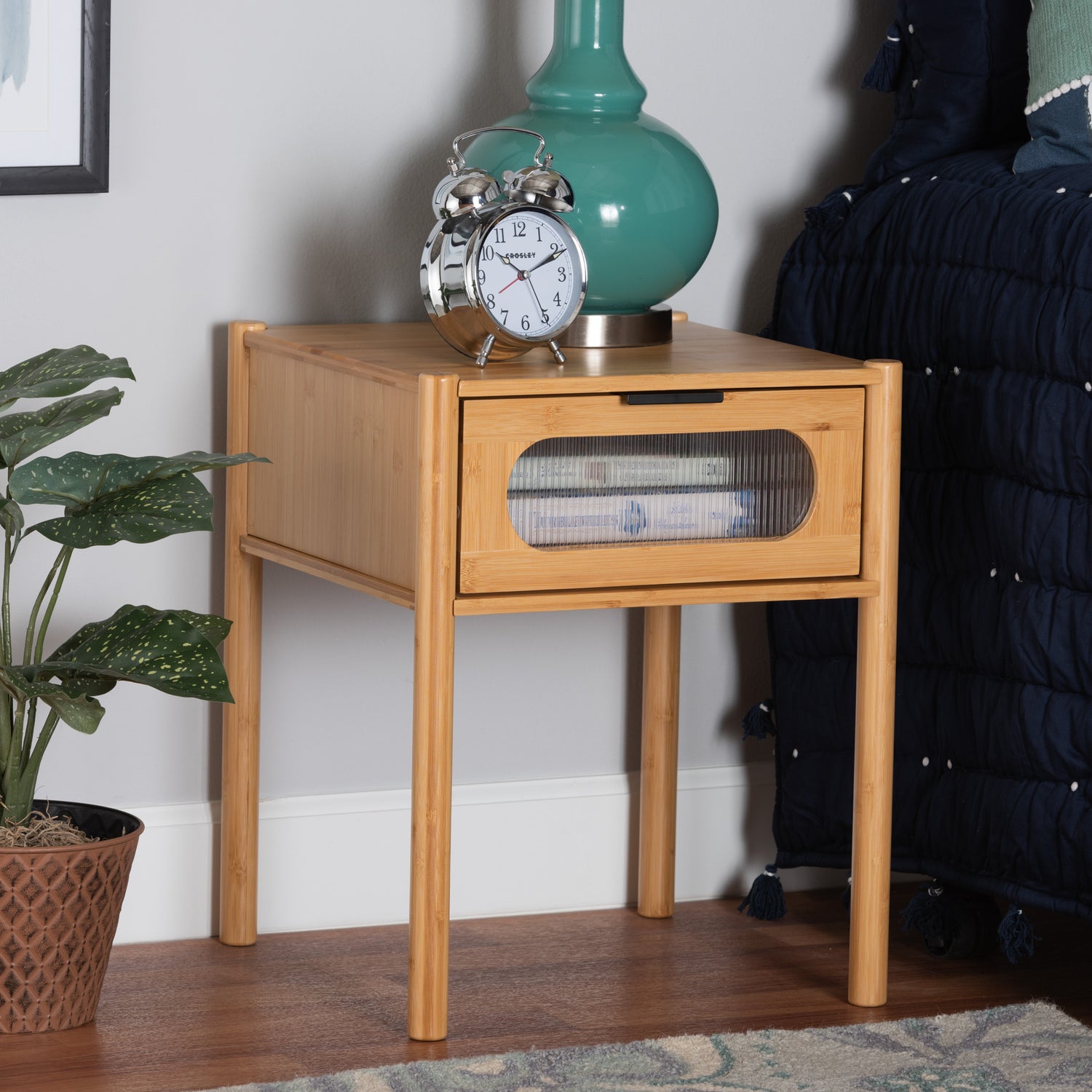 Naresh End Table Mid-Century Modern Design in Natural Brown Bamboo Wood with 1 Storage Drawer