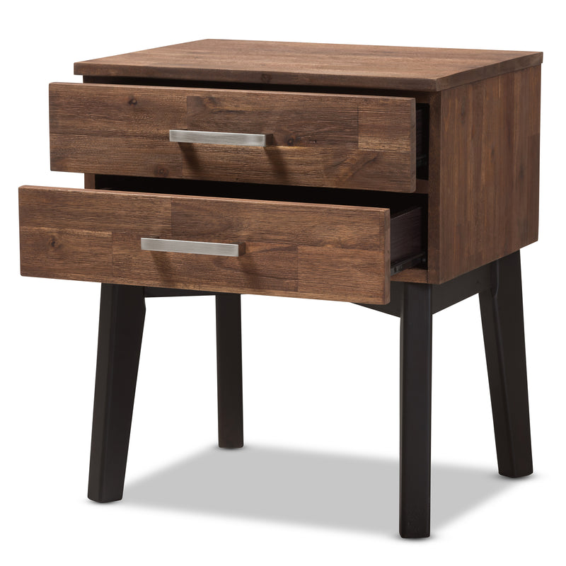 Selena Nightstand Mid-Century Modern Brown Wood 2-Drawer Bedside Table with Storage Solutions