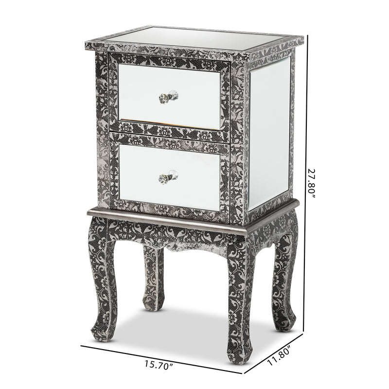 Wycliff End Table - Industrial Glam Design with Silver Metal and Mirrored Glass, Featuring 2 Drawers for Stylish Storage