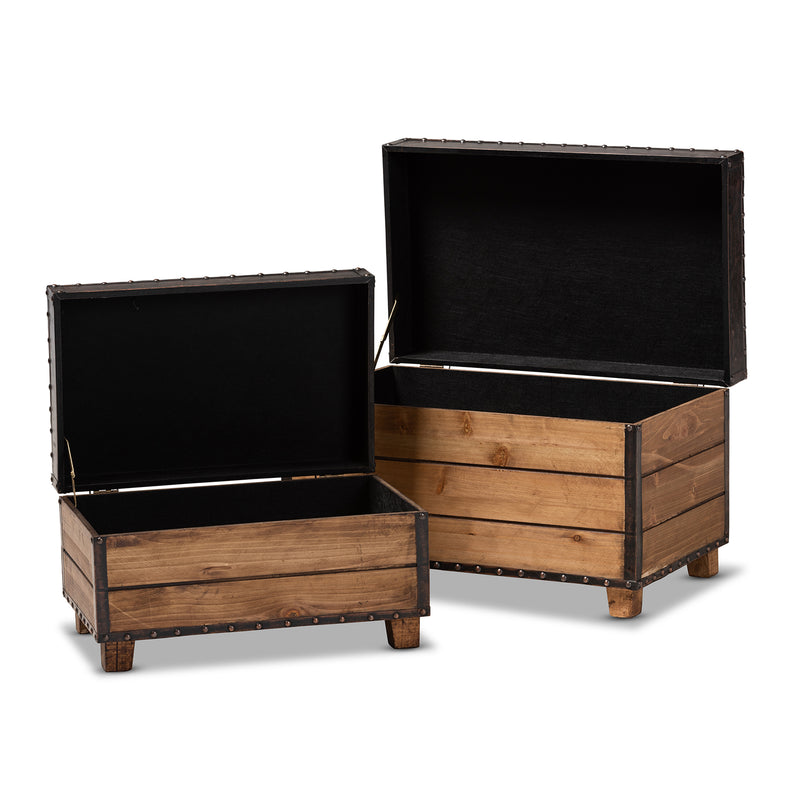 Marelli Rustic Dark Brown Faux Leather Ottoman Set 2-Piece Wood Storage Trunk for Stylish Home Organization and Seating