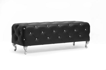 Stella Bench Crystal Tufted Black Leather Modern