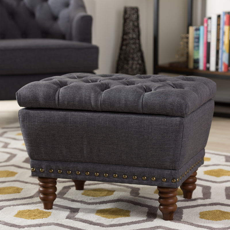 Annabelle Ottoman Modern and Contemporary Dark Grey Fabric Upholstered Walnut Wood Finished Button-Tufted Storage