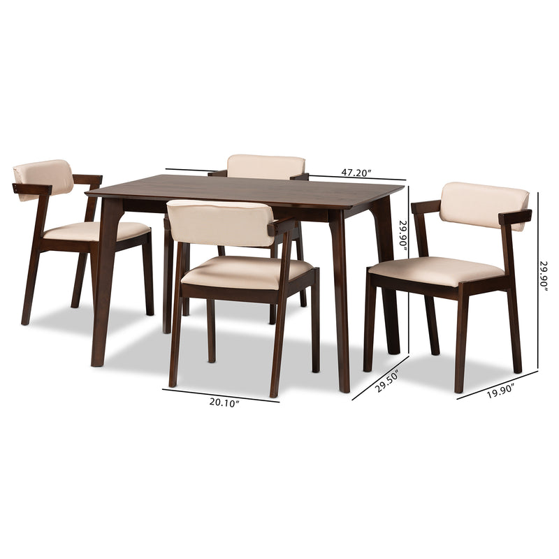 Althea Dining Set Mid-Century Modern 5-Piece Cream Fabric and Dark Brown Wood Collection for Stylish Dining Rooms