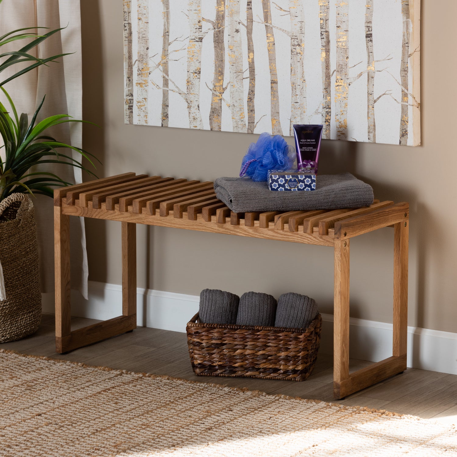 Kaleb Rustic Mid-Century Modern Bench - Oak Brown Wood Seating for Entryway, Living Room, or Bedroom Decor