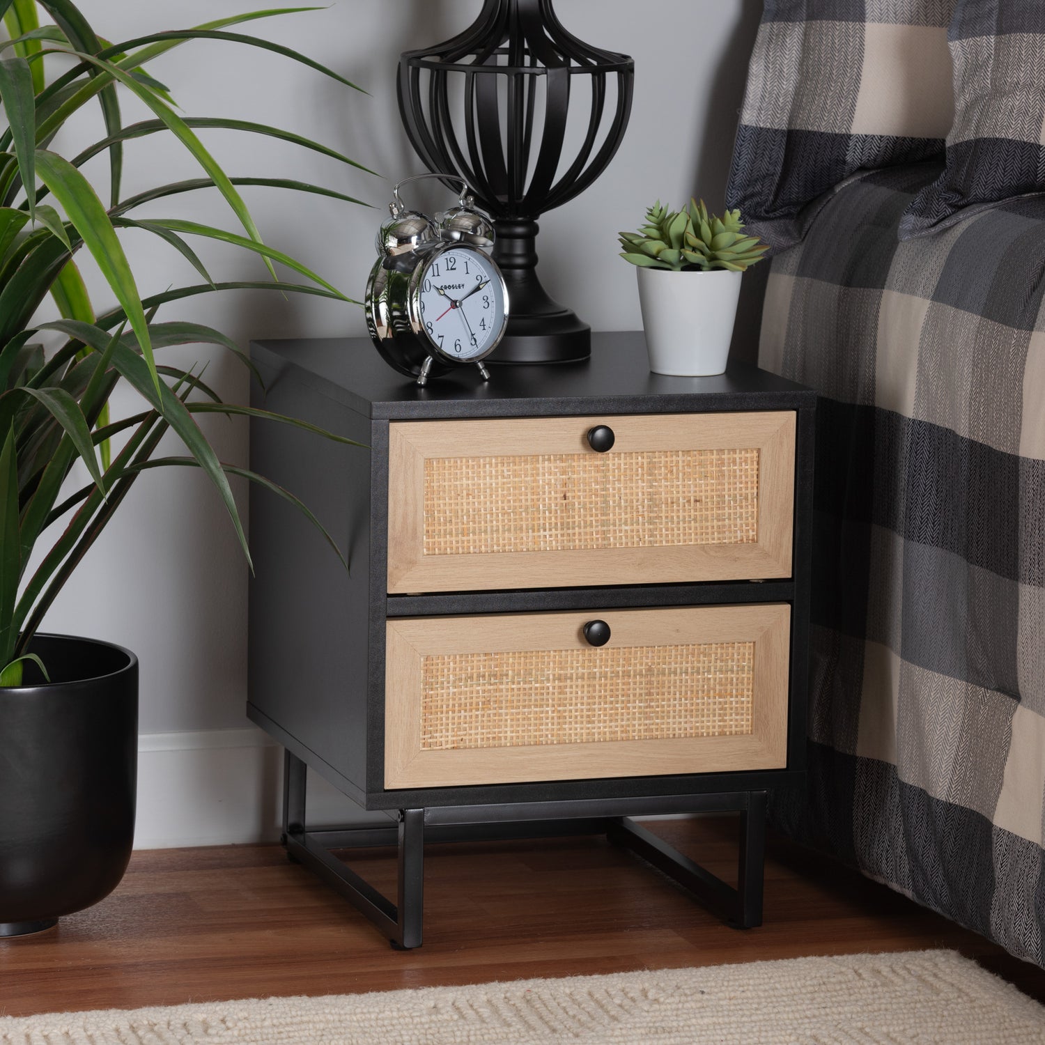 Declan End Table - Mid-Century Modern Espresso Brown Wood with Natural Rattan, Featuring 2 Drawers for Stylish Storage and Organization