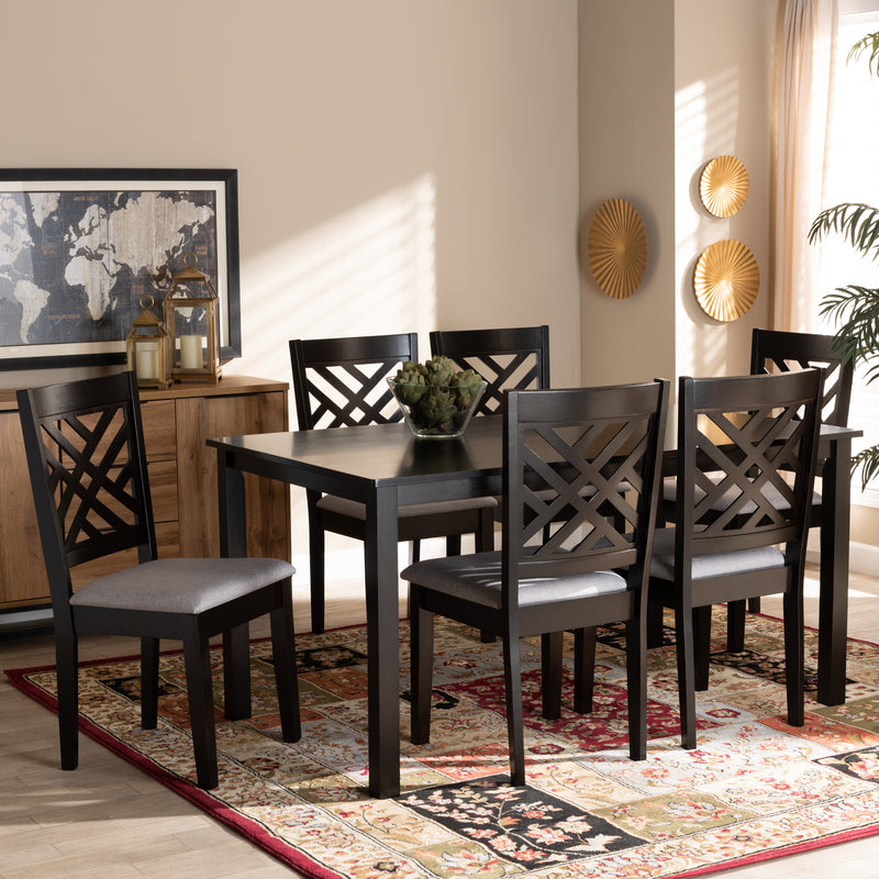 Caron Dining Set Modern and Contemporary Grey Fabric Upholstered Espresso Brown Finished Wood 7-Piece