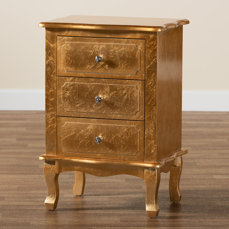 Newton End Table Classic and Traditional Gold Finished Wood 3-Drawer