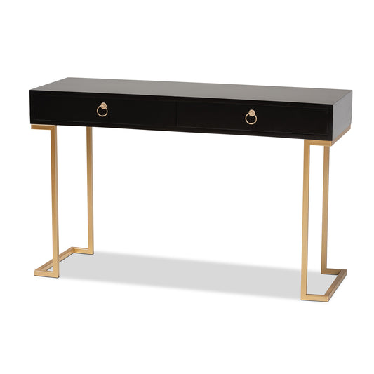 Beagan Console Table Modern and Contemporary Black Finished Wood and Gold Metal 2-Drawer