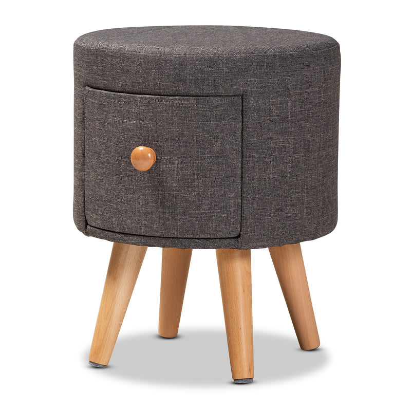 Rocco Ottoman Stool - Modern Dark Grey Fabric Upholstered with Oak Brown Wood and 1 Storage Drawer