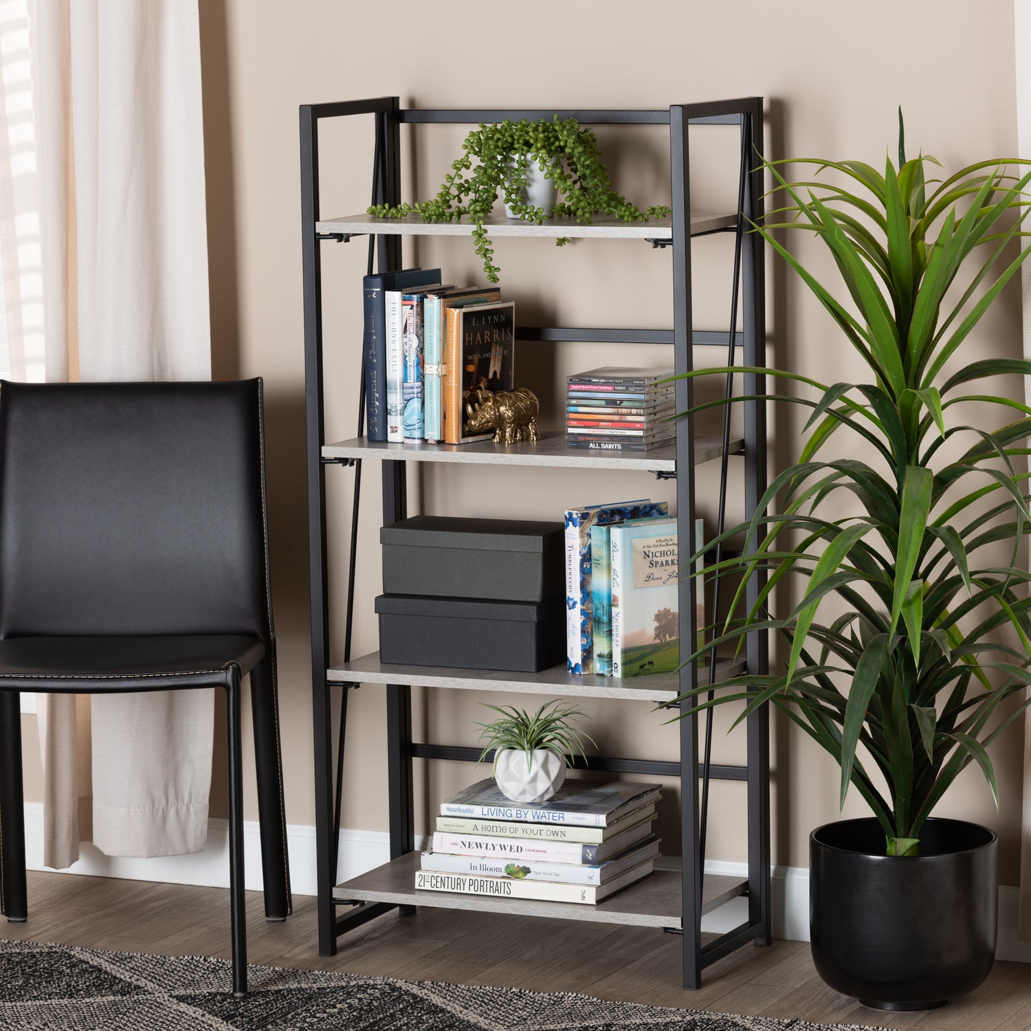 Lakota 4-Tier Display Shelf in Light Grey Wood and Black Metal - Modern Industrial Storage Unit for Home or Office Decor