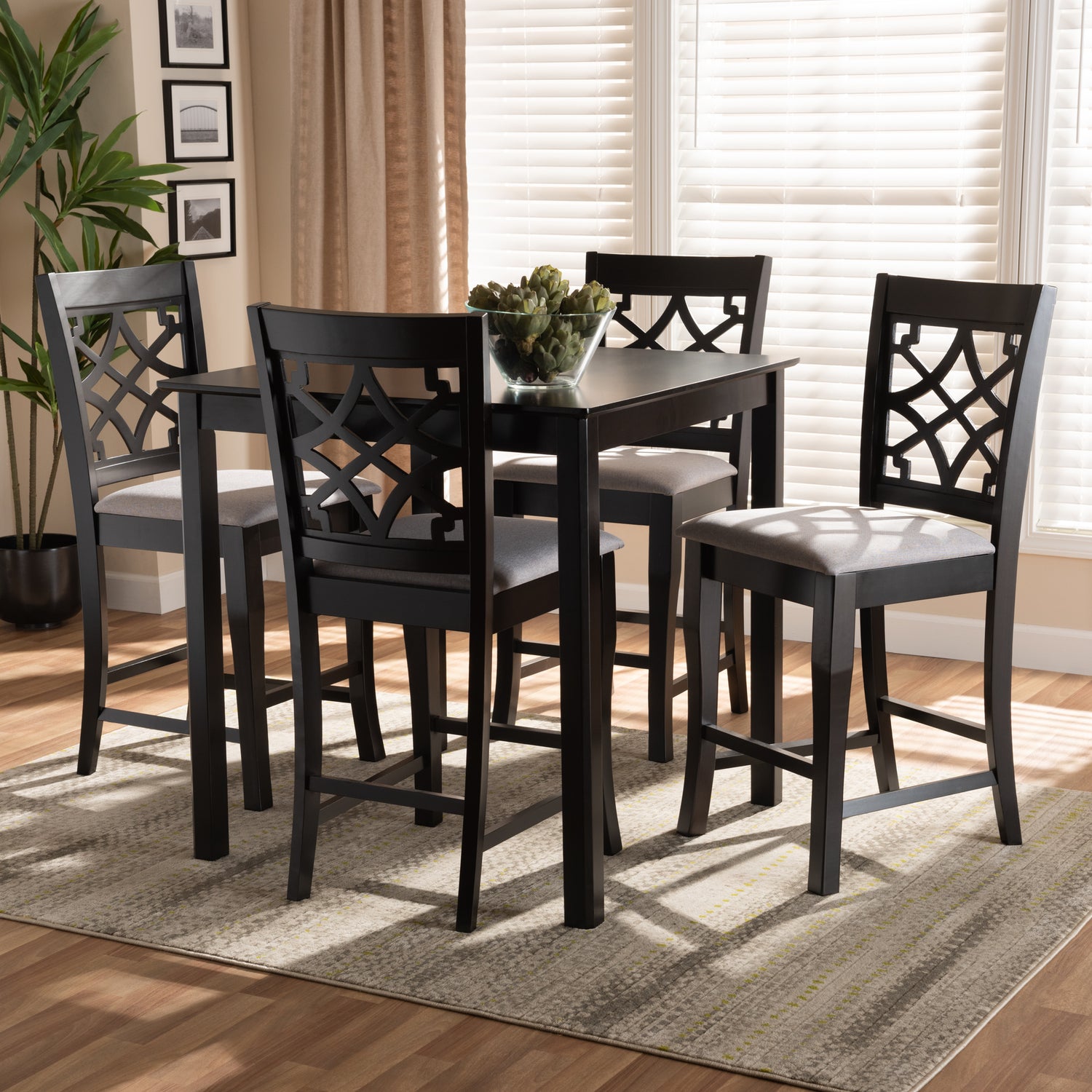 Nisa Pub Set Modern and Contemporary Grey Fabric Upholstered Espresso Brown Finished 5-Piece Wood