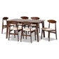 Daria 7-Piece Dining Set in Mid-Century Modern Style with Cream Upholstery and Dark Brown Wood Finish