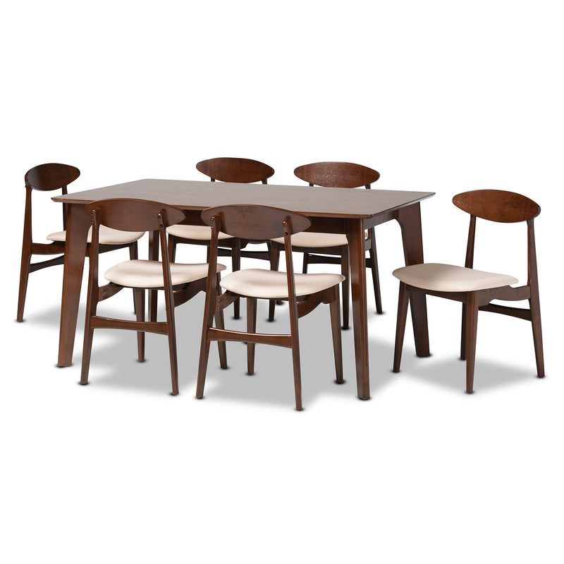 Daria 7-Piece Dining Set in Mid-Century Modern Style with Cream Upholstery and Dark Brown Wood Finish