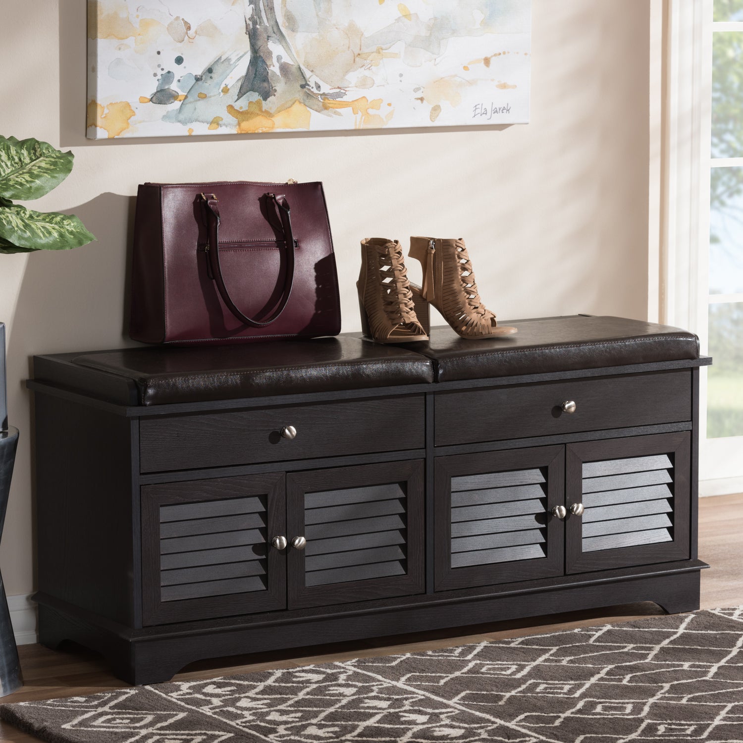 Leo Shoe Storage Bench Modern Dark Brown Wood with 2 Drawers for an Organized Entryway and Stylish Home Décor