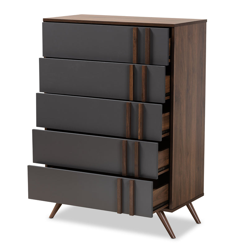 Naoki Bedroom Chest - Modern 5-Drawer Storage Unit in Two-Tone Grey and Walnut Finish for Stylish Organization