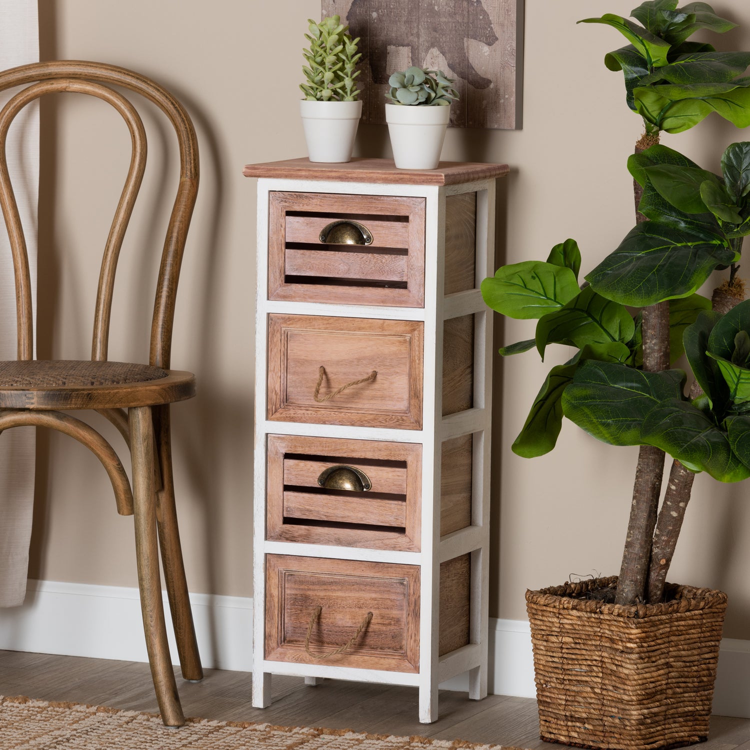 Palta Storage Unit Modern Two-Tone Wood Design with 4 Drawers in White and Oak Brown Finish for Stylish Organization