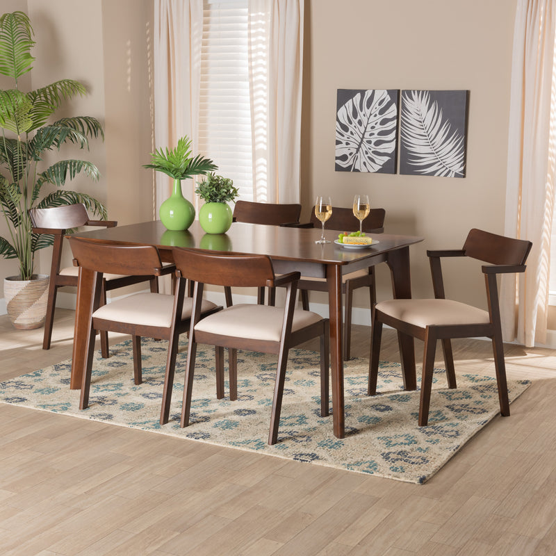 Berenice 7-Piece Dining Set: Mid-Century Modern Design with Cream Upholstery and Dark Brown Finished Wood