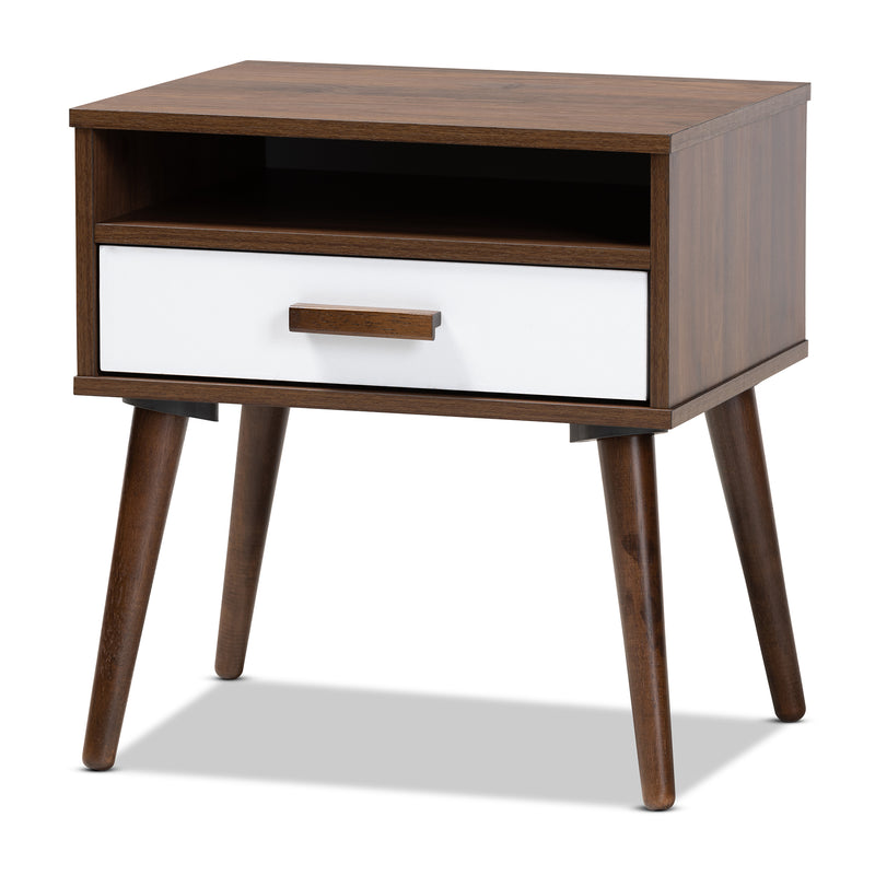 Quinn Mid-Century Modern End Table - Two-Tone White and Walnut Wood with 1 Drawer for Stylish Living Room Storage