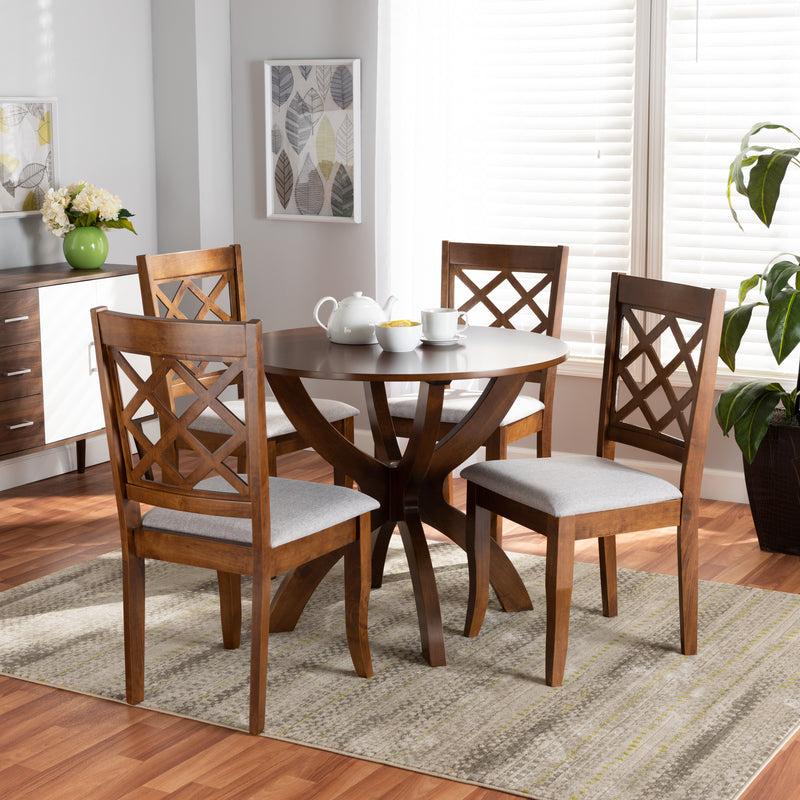 Beth Modern Contemporary 5-Piece Dining Set with Grey Fabric Upholstery and Walnut Brown Finish