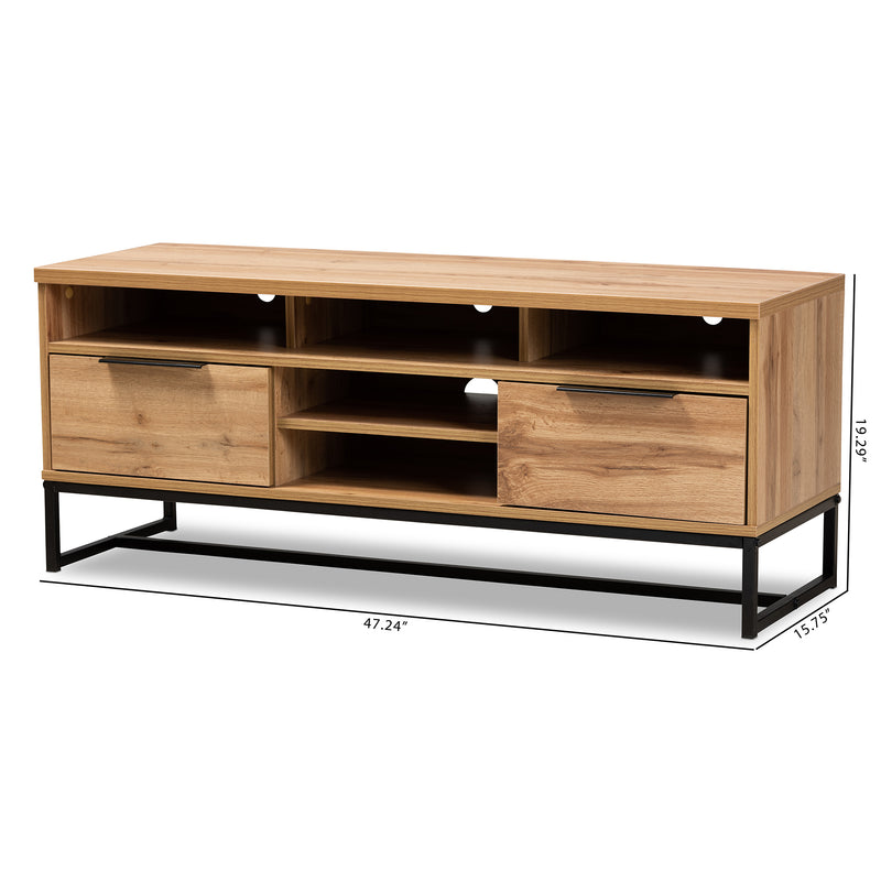 Reid TV Stand Modern Contemporary Industrial Design Oak Finished Wood Black Metal 2 Drawers for Storage