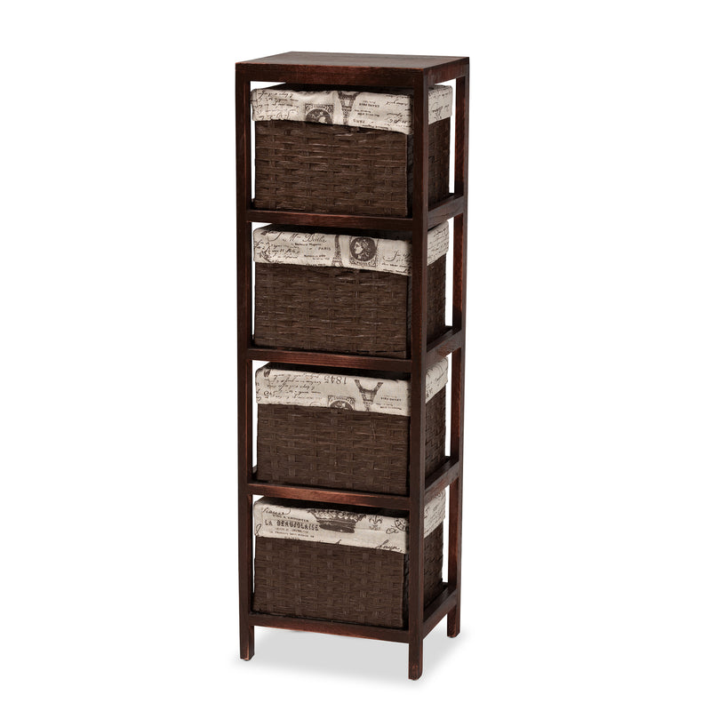 Bosley Storage Unit Modern French Inspired Walnut Brown Wood with 4 Baskets for Stylish Organization and Home Décor