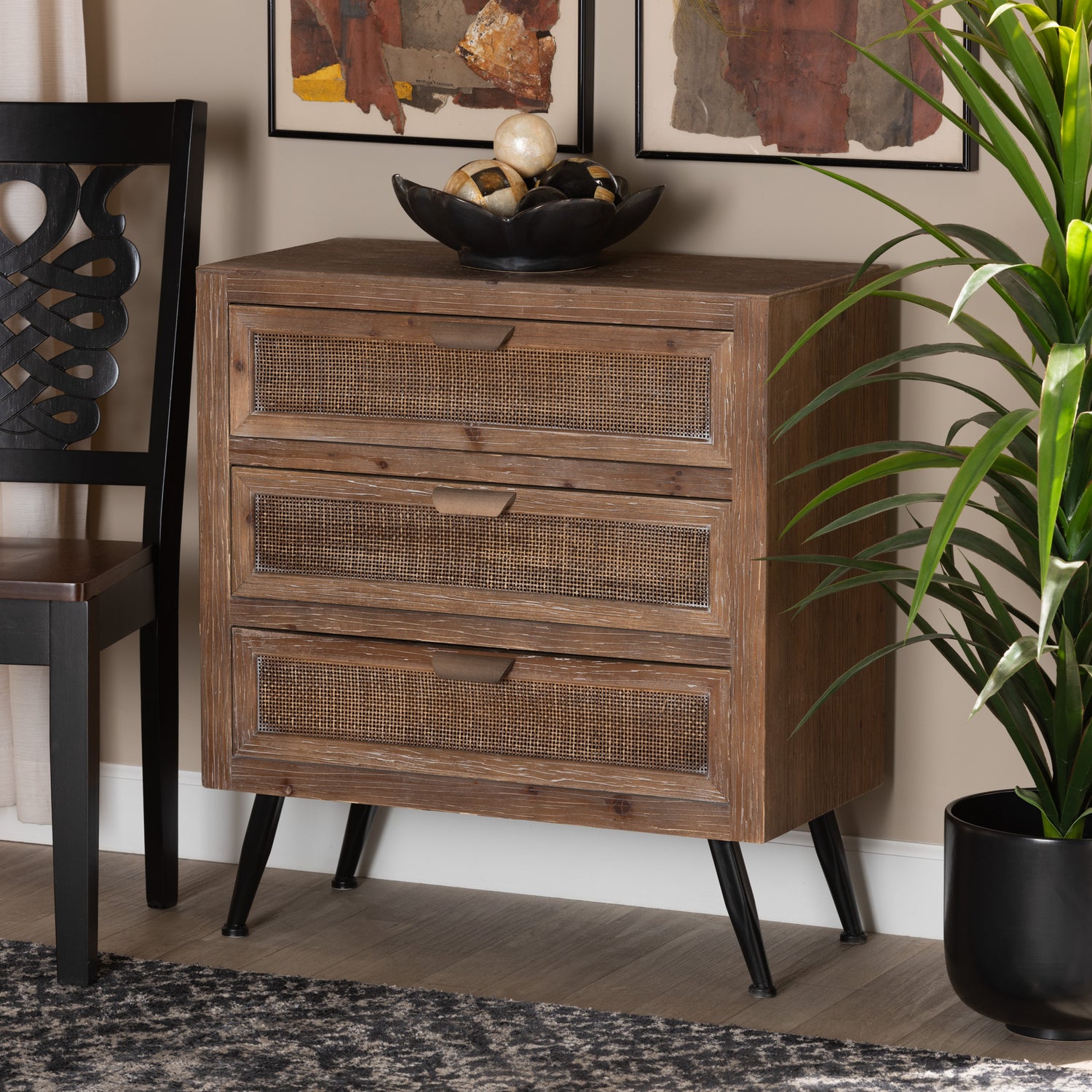 Calida Storage Cabinet Mid-Century Modern Design with Whitewashed Natural Brown Wood and Rattan, Featuring 3 Drawers for Stylish Organization