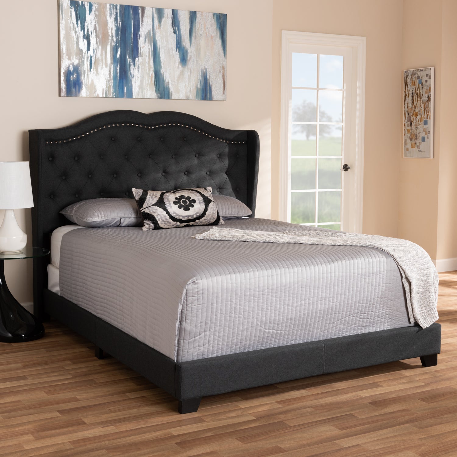 Aden Bed - Modern and Contemporary Charcoal Grey Fabric Upholstered