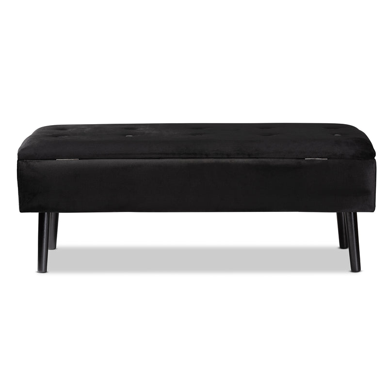 Caine Storage Bench Modern and Contemporary Black Velvet Fabric Upholstered with Dark Brown Finished Wood