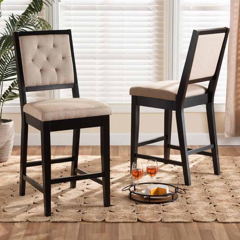 Gideon Counter Stool Set Modern and Contemporary Grey Fabric Upholstered Walnut Brown Finished Wood 2-Piece