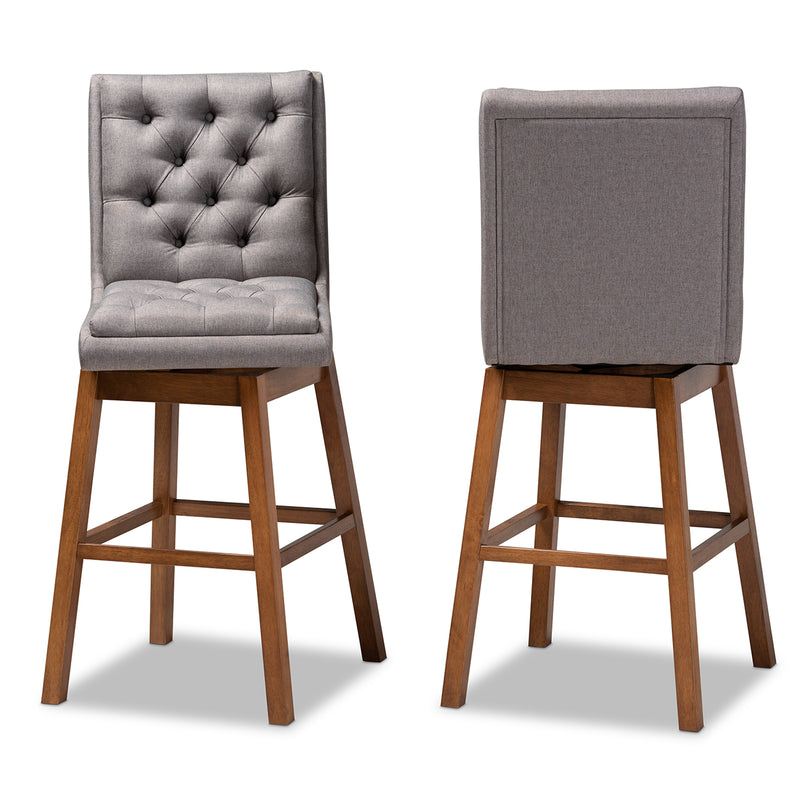 Gregory Bar Stool Set Modern Transitional Grey Fabric Upholstered and Walnut Brown Finished Wood 2-Piece